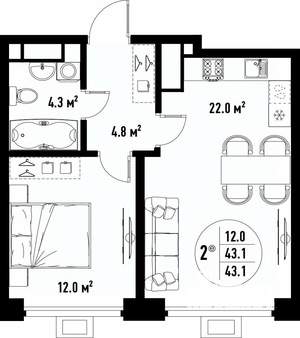 2-к квартира, вторичка, 43м2, 24/25 этаж