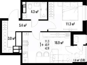 1-к квартира, вторичка, 43м2, 25/25 этаж
