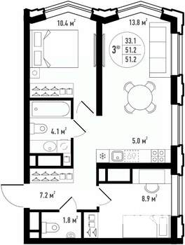 3-к квартира, вторичка, 51м2, 17/24 этаж