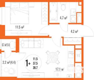 1-к квартира, вторичка, 40м2, 17/18 этаж