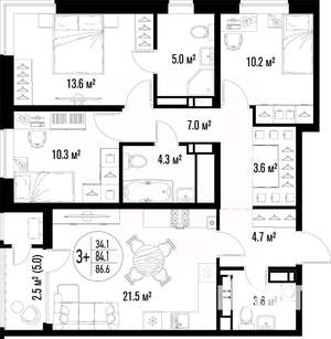 3-к квартира, строящийся дом, 87м2, 5/25 этаж