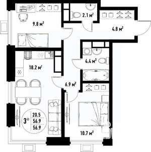 3-к квартира, вторичка, 57м2, 10/25 этаж