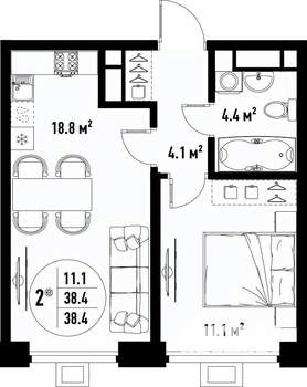 2-к квартира, вторичка, 38м2, 23/25 этаж