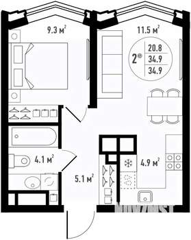 2-к квартира, вторичка, 35м2, 13/24 этаж
