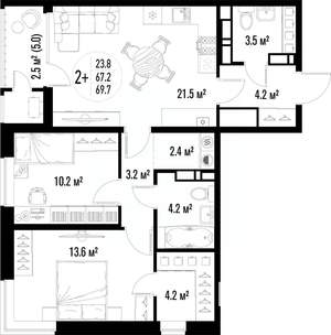 2-к квартира, вторичка, 70м2, 13/25 этаж