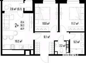 2-к квартира, вторичка, 61м2, 8/25 этаж