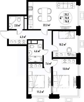 4-к квартира, вторичка, 77м2, 15/25 этаж