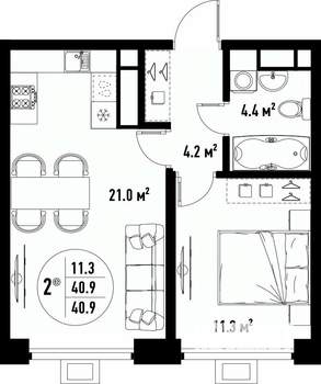 2-к квартира, вторичка, 41м2, 20/25 этаж