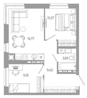 2-к квартира, вторичка, 50м2, 8/18 этаж