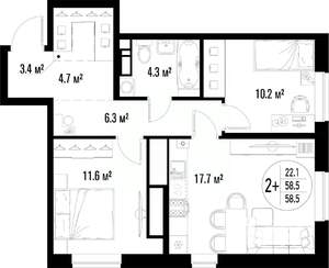 2-к квартира, строящийся дом, 59м2, 10/25 этаж