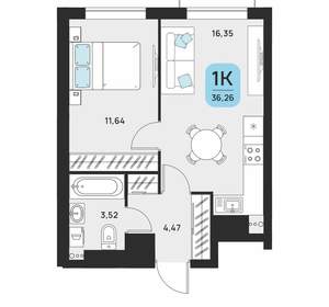 1-к квартира, вторичка, 37м2, 5/16 этаж