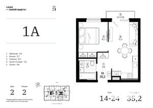 1-к квартира, строящийся дом, 35м2, 18/24 этаж