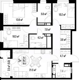 3-к квартира, вторичка, 87м2, 8/25 этаж